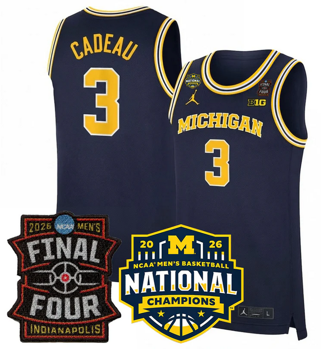 Men's Michigan Wolverines #3 Elliot Cadeau Navy 2025/26 Final Four & National Champions Patch Stitched Basketball Jersey